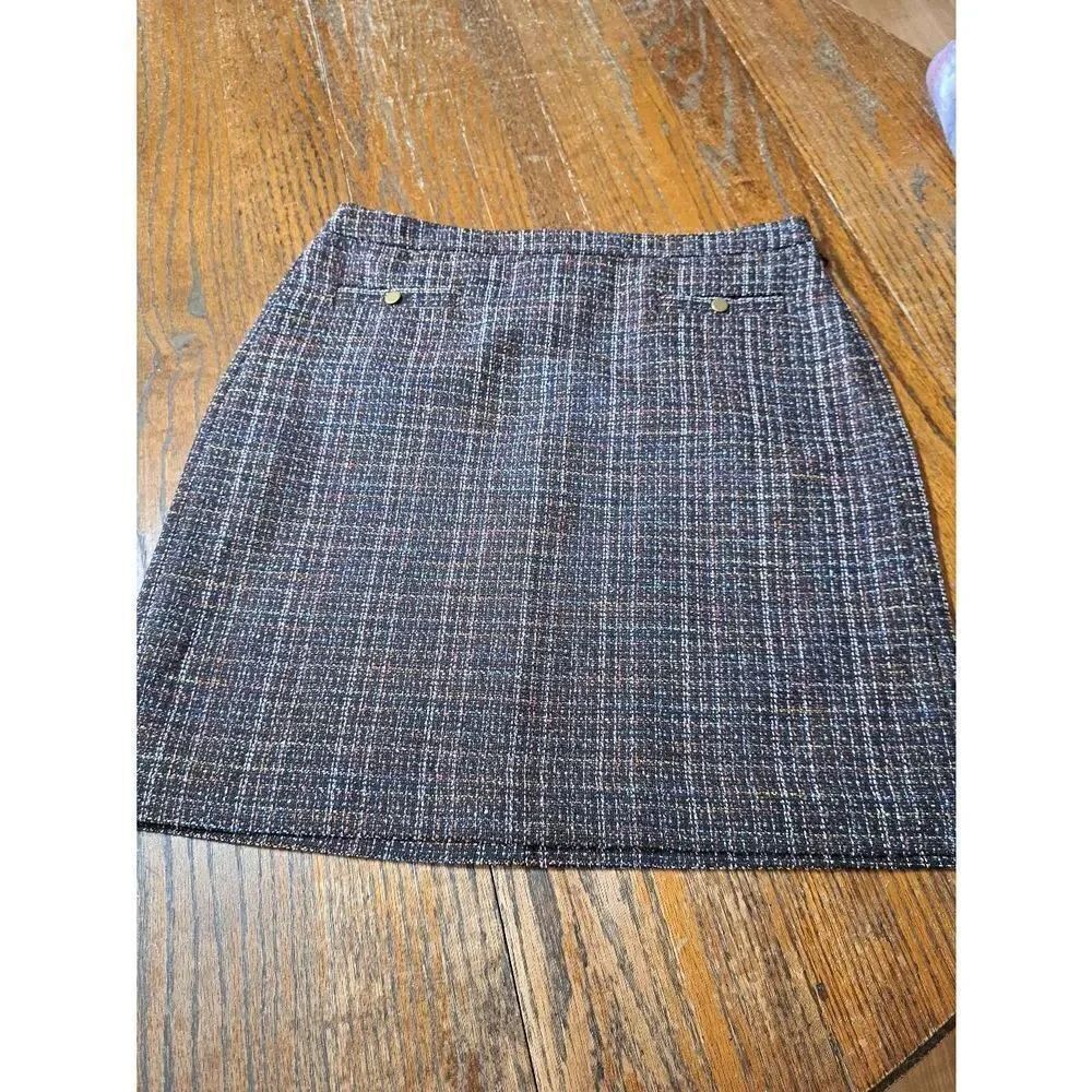 Size 6 Ann Taylor LOFT Black Multicolor Side Zip Lined Tweed Like Skirt